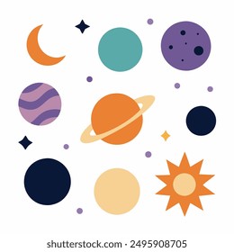 Cute cartoon illustration of planets, stars, moon, and other celestial bodies in the galaxy. This colorful and fun design is perfect for kids' rooms, classrooms, or any space that needs a touch of whi