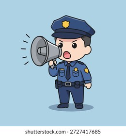 Cute cartoon illustration of a policeman using a megaphone.