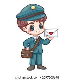 Cute cartoon illustration of a postman holding a love letter, Cartoon illustration for sticker, card, badge, various print media or It can be used as part of the overall design.