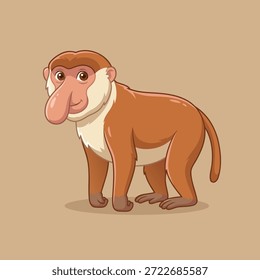 Uma ilustração de desenho animado bonito de um macaco probóscide com seu nariz grande distintivo, de pé sobre um fundo plano.