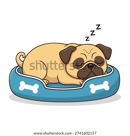 A cute cartoon illustration of a pug sleeping soundly in a blue dog bed, isolated on a clean white background. The dog is illustrated with simple lines and colors, making it ideal for children illustrations or pet themed designs.