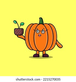 Cute cartoon illustration Pumpkin holding plant in a pot flat modern style design
