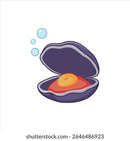 A cute cartoon illustration of a purple clam shell opened to reveal a shiny pearl-like object inside, surrounded by rising blue bubbles on a white background.

