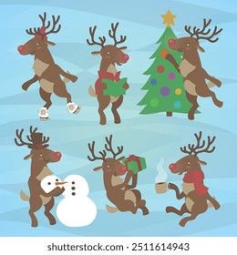 Cute cartoon illustration of reindeer celebrating Christmas. Fun holiday animal characters. Skating caroling christmas tree snowman presents hot cocoa. Flat colors, snow background