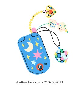 Cute cartoon illustration of retro 2000s flip mobile cellphone. Hand drawn flat vector y2k mobile telephone with star stickers and charms in colored doodle style. Isolated on white.