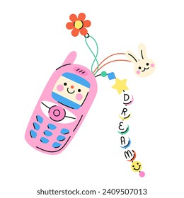 Cute cartoon illustration of retro 2000s pink mobile cellphone. Hand drawn flat vector y2k mobile telephone funny charms in colored doodle style. Isolated on white.