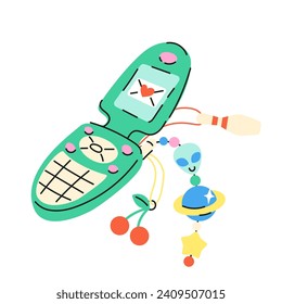 Cute Cartoon Illustration von Retro 2000s flip Handy. Handgezeichnetes, flaches Vektor y2k Handy mit lustigen Charmen im farbigen Doodle-Stil. Einzeln auf Weiß.