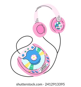 Cute cartoon illustration of retro 2000s CD player. Hand drawn flat vector y2k compact music player with headphones in colored doodle style. Isolated on white.