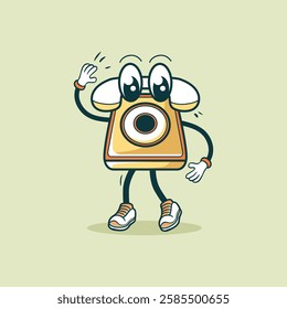 A cute cartoon illustration of a retro telephone with arms, legs, and shoes waving hello.