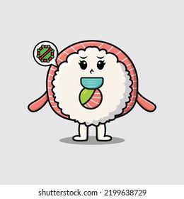 Cute cartoon illustration rice sushi rolls sashimi using mask to prevent corona virus cute design
