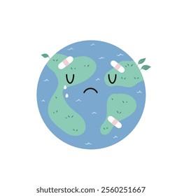 Cute Cartoon Illustration of Sad Planet Earth with Adhesive Plasters. Perfect for Environmental Awareness and Climate Change Themes