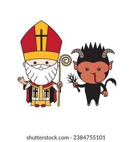 Cute cartoon illustration of Saint Nicholas and Krampus