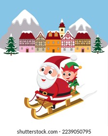 Cute cartoon illustration of Santa Claus and elf on a sleigh