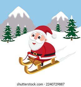 Cute cartoon illustration of Santa Claus on a sled