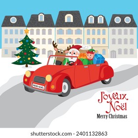 Cute cartoon illustration of Santa Claus, reindeer and elf in a car