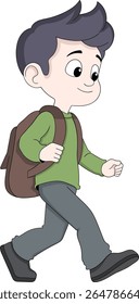 Cute cartoon illustration of a schoolboy walking with a brown backpack.