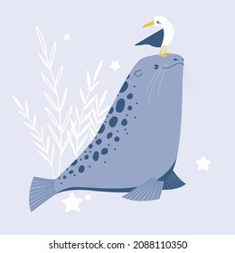 Cute cartoon illustration of seal and a seagull isolated on blue background with white branches and stars. Vector dreamy clip art characters, for children's design, prints, cards, invitations.