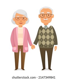 Cute Cartoon Illustration Of A Senior Couple. Nice Old People In Casual Fashion, Smiling And Holding Hands. Isolated On White.