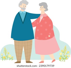 Cute cartoon illustration of a senior couple. Happy old people in casual fashion, stand embracing together. Flat style, vector illustration isolated on white background.