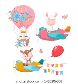 Cute cartoon illustration set air transport airplane helicopter and balloon hand drawing style.