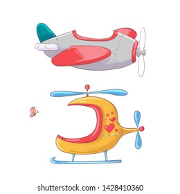 Cute cartoon illustration set air transport airplane helicopter and balloon hand drawing style.