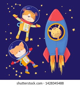 Cute cartoon illustration set animals astronauts tiger fox and giraffe style hand drawing.