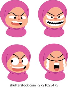 Un lindo conjunto de ilustración de dibujos animados con un personaje de niña hijab con varias expresiones faciales y emociones. Esta colección plana y colorida incluye caras enojadas, sorprendidas, felices, llorosas y expresivas. Adecuado para pegatinas, App de mensajería, contenido de redes sociales, materiales educativos, comunicación emocional e ilustraciones digitales.