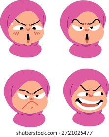 A cute cartoon illustration set featuring a hijab girl character with various facial expressions and emotions. This flat and colorful collection includes angry, surprised, happy, crying, and expressive faces. Suitable for stickers, messaging apps, social media content, educational materials, emotional communication, and digital illustrations.