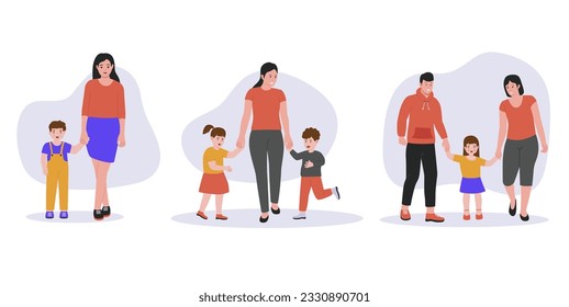 Cute cartoon illustration set of a parents with kid. happy family posing together, holding hands. Flat vector illustration isolated on white background