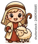 Cute cartoon illustration of a shepherd boy holding a staff with a little sheep. Nativity scene character for Christmas, isolated on white background.