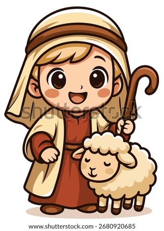Cute cartoon illustration of a shepherd boy holding a staff with a little sheep. Nativity scene character for Christmas, isolated on white background. Stock photo © 