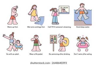 Cute cartoon illustration showing 8 swimming safety tips for kids, including warming up, using life jackets, and not swimming after eating.