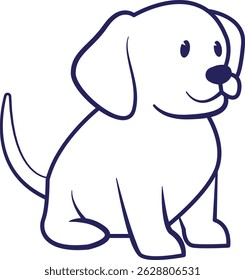 Ilustração de desenho animado bonito de um filhote sentado com uma expressão feliz, estilo de arte de linha simples. 