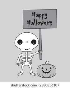 Cute cartoon illustration of a skeleton holding a Happy Halloween sign