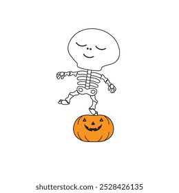 Cute cartoon illustration of a skeleton on a pumpkin