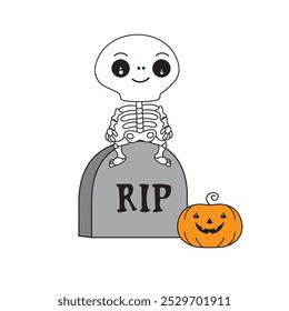 Cute cartoon illustration of a skeleton sitting on a tombstone