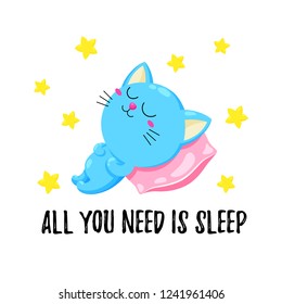 Cute cartoon illustration with a sleeping kitten. Vector doodle card. Funny sleeping cat. Template for print, advertising, design.