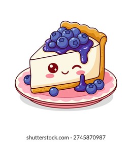 A cute cartoon illustration of a slice of cheesecake topped with fresh blueberries and blueberry sauce on a pink plate with a kawaii style facial expression.