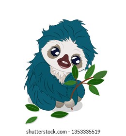 Cute cartoon illustration of sloth with green leafs