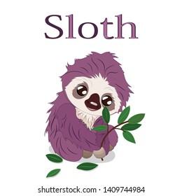 Cute cartoon illustration of sloth with green leafs