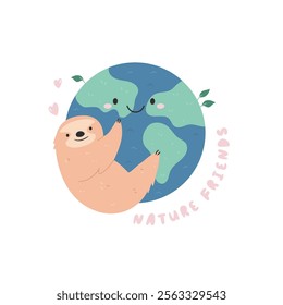 Cute Cartoon Illustration of Sloth Hanging on Planet Earth. Perfect for Nature and Wildlife Themes

