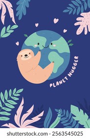 Cute Cartoon Illustration of Sloth Hanging on Planet Earth. Perfect for Nature and Wildlife Themes