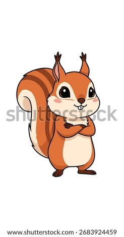 A cute cartoon illustration of a small red squirrel with its arms crossed.