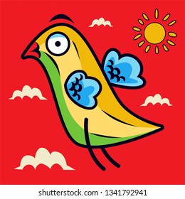 Cute cartoon illustration of a small yellow bird, with a red background. - Vector.