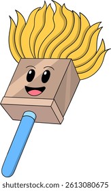 Cute cartoon illustration of a smiling brush with lively yellow bristles and a blue handle. Designed with expressive eyes and a happy face.