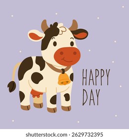 Cute cartoon illustration of a smiling cow with a bell, ideal for children's products, greeting cards, farm-themed designs, and playful animal collections.
