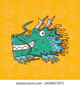 Cute Cartoon Illustration of Smiling Green Dragon Head with winked eyes. Hand drawn dragon vector illustration.