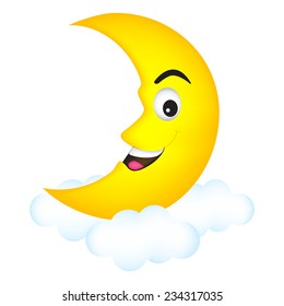 Cute cartoon illustration of a smiling happy moon crescent relaxing on clouds