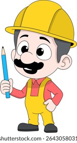 Cute cartoon illustration of a smiling plumber or construction worker wearing a yellow hard hat and overalls, holding a blue pencil.