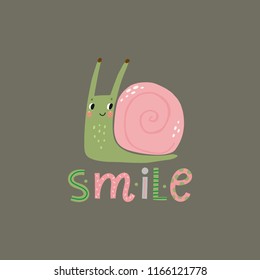 Cute cartoon illustration of a snail. Character snail. Cute vector illustration snail doodle style. 